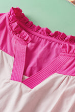 Mist Blue Colorblock Ruffled Sleeve Frill V Neck Blouse