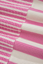 Pink Stripe Waffle Patchwork Short Sleeve High Low Loose T Shirt