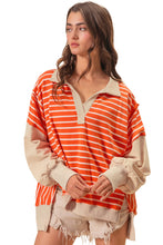 Orange Stripe Color Block Loose Fit Collared Drop Shoulder Sweatshirt