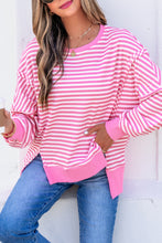 Khaki Stripe Textured Knit Color Block Trim Split Hem Long Sleeve Top