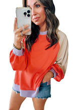 Orange Color Block Side Slits Raglan Sleeve Loose Fit Top