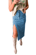 Sky Blue Leopard Frayed Split Denim Midi Skirt