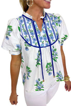 Beige Floral Print Piping Trim Tie Neck Puff Sleeve Blouse