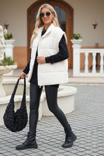 Beige Solid Zipper Stand Neck Oversized Puffer Vest