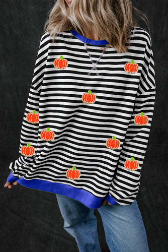 Red Stripe Glitter Halloween Pumpkin Print Oversized Graphic Sweatshirt