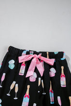 Color black Christmas Wine Glass Print Bow Knot Two Piece Pajama Set