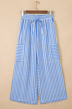 Sky Blue Stripe Drawstring Elastic Waist Patch Pocket Wide Leg Ankle-length Pants