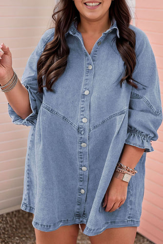 Light Blue Ruffled 3/4 Sleeve Buttoned Front Plus Size Denim Dress