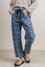 Sky Blue Plaid Denim Grommet Drawstring Waist Ankle-Length Jeans
