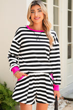 Gray Stripe Contrast Trim Long Sleeve Top and Shorts Set