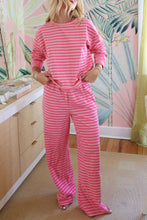 Rose Stripe Drop Shoulder Round Neck Top and Buttoned Straight Pants Two Piece Set