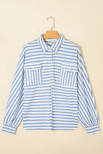 Sky Blue Striped Half Button Collared Chest Pockets Loose Fit Top