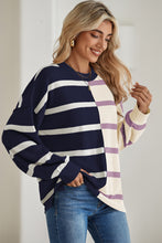 Pink Striped Colorblock Drop Shoulder Sweater