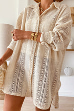 Beige Lace Crochet Collared Button Up Oversized Shirt