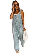 Stone Blue Washed Denim Half Button Pocket Wide Leg Overalls