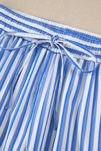 Sky Blue Stripe Drawstring Elastic Waist Patch Pocket Wide Leg Ankle-length Pants