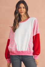 Rose Red Striped Patchwork Side Pocket Loose Sweatshirt