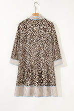 Khaki Plus Size Leopard Print Striped Trim V Neck Drop Waist Long Sleeve Mini Dress