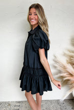 Black Button Down Puff Sleeve Ruched Ruffle Hem Dress