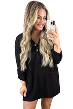 Black Ribbed Knit Buttoned Collared Roll Tab Sleeve Plus Size Mini Dress