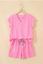 Sachet Pink V Neck Short Sleeve Top Drawstring Shorts 2pcs Set