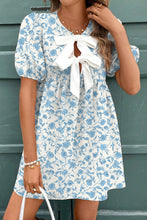 Sky Blue Floral Bow Front Puff Sleeve Mini Dress