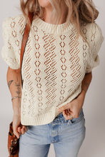 Beige Hollowed Knit Plain Puff Sleeve Top