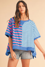 Blue Stripe Contrast Colorblock Oversized T Shirt