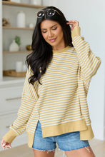 Khaki Stripe Textured Knit Color Block Trim Split Hem Long Sleeve Top