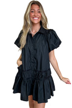 Black Button Down Puff Sleeve Ruched Ruffle Hem Dress