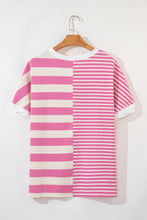 Pink Stripe Waffle Patchwork Short Sleeve High Low Loose T Shirt