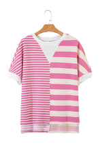 Pink Stripe Waffle Patchwork Short Sleeve High Low Loose T Shirt