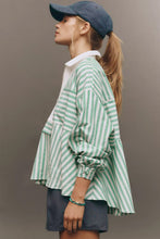 Green Striped Zipper Collar Long Sleeve Top