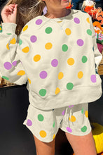 Pink Polka Dot Print Drop Shoulder Pullover Drawstring Shorts Set