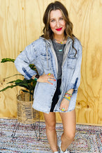 Mist Blue Oversized Hooded Patchwork Denim Jacket