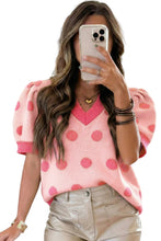Rose Red Polka Dot Puff Short Sleeve Sweater Top
