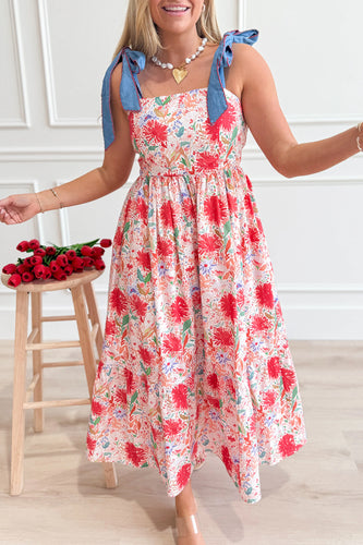 Yellow Floral Print Contrast Stitched Knot Denim Straps High Waist Dress