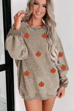 Khaki Crinkle Ribbed Halloween Pumpkin Graphic Sweatshirt