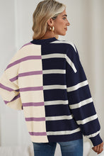 Pink Striped Colorblock Drop Shoulder Sweater