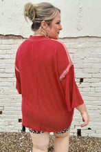 Fiery Red Twist Ribbed Tunic Round Neck Bracelet Sleeve Plus Size Blouse