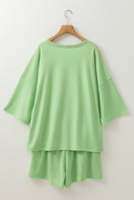 Meadow Mist Green Plus Size V Neck Drop Shoulder Tee Loose Shorts Set