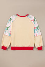 Beige Bowknot Print Patchwork Raglan Sleeve Top