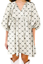 White Sweet Bow Print Lantern Sleeve Mini Dress