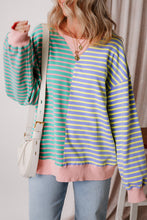Green Stripe Colorblock Drop Shoulder Oversized Sweatshirt