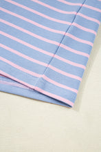 Sky Blue Stripe Oversized Contrast Trim Drop Shoulder Casual Top