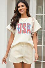 Apricot Patriotic USA Letter Print Textured Short Sleeve Top Drawstring Two Piece Set