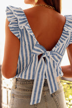 Blue Striped Tie Back Ruffle Trim Sleeveless Shirt