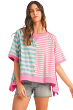 Blue Stripe Contrast Colorblock Oversized T Shirt