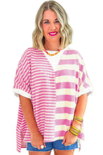 Pink Stripe Waffle Patchwork Short Sleeve High Low Loose T Shirt