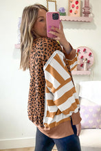 Khaki Striped Leopard Colorblock Side Slits Sweatshirt